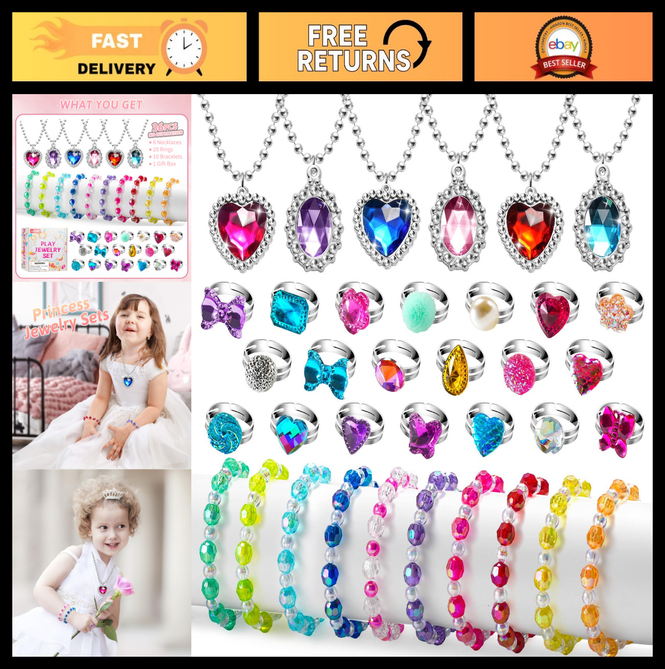 36pcs Princess Jewelry Set for Girls 4-8 | Dress Up Necklace, Bracelet & Rings,