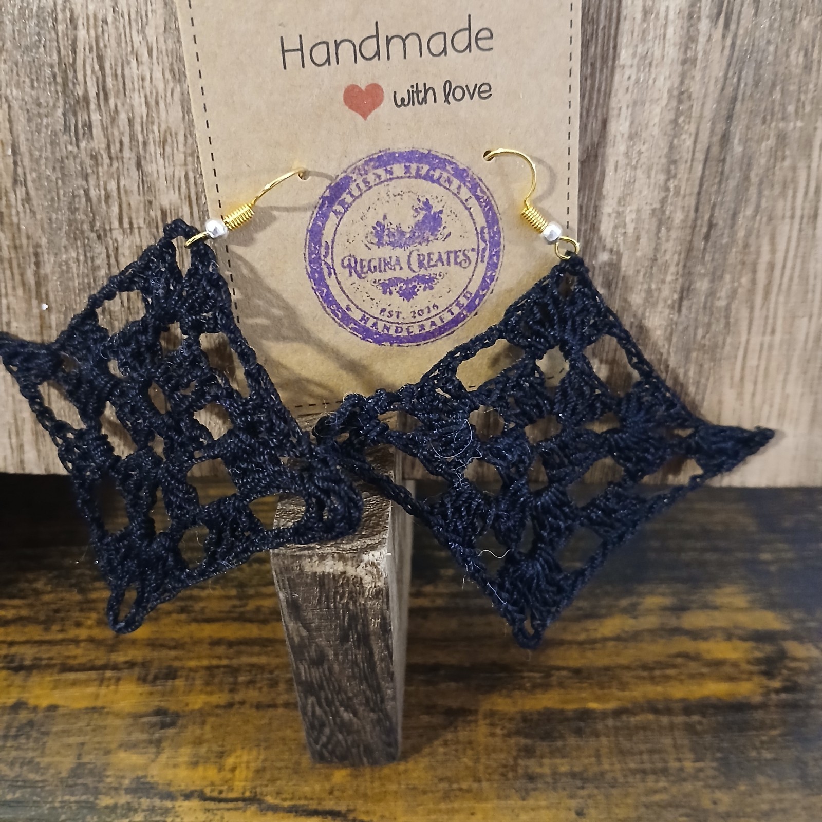 Handmade Black Crochet Lace Earrings, Geometric Dangle, Boho Statement Jewelry