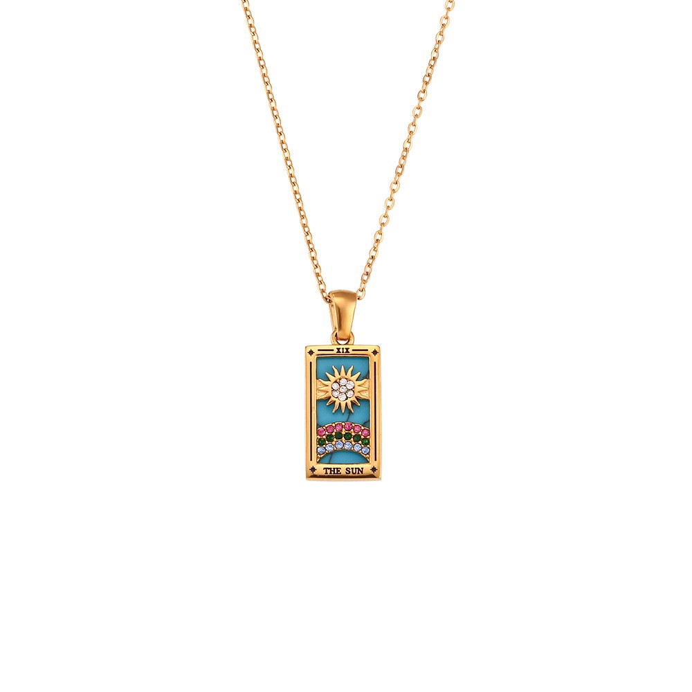 Tarot Card Rectangular Stainless Steel Enamel Zircon Fashion Pendant Necklace