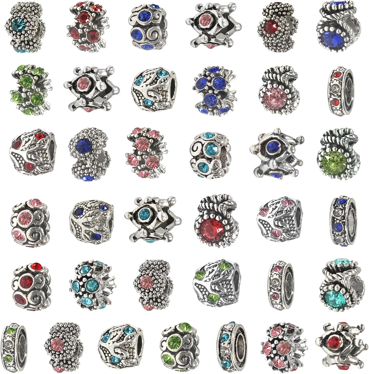 30Pcs Assorted Antique Silver Rhinestone Rhinestone Bead Charm Spacers NEW