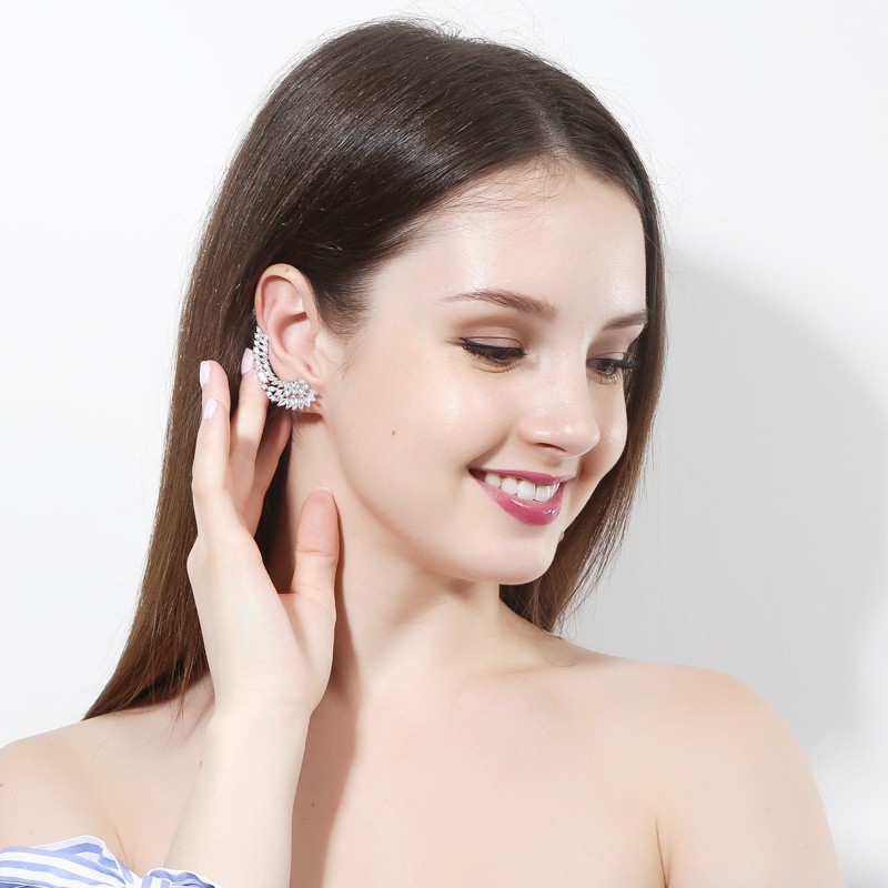 Silver Plated Cubic Zircon Symmetrical Stud Ear Cuff Climber Earrings for Women