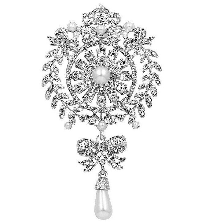 Massive ELEGANT Silver Pearl & RHINESTONE Vintage Inspired Glamor RUNWAY Brooch