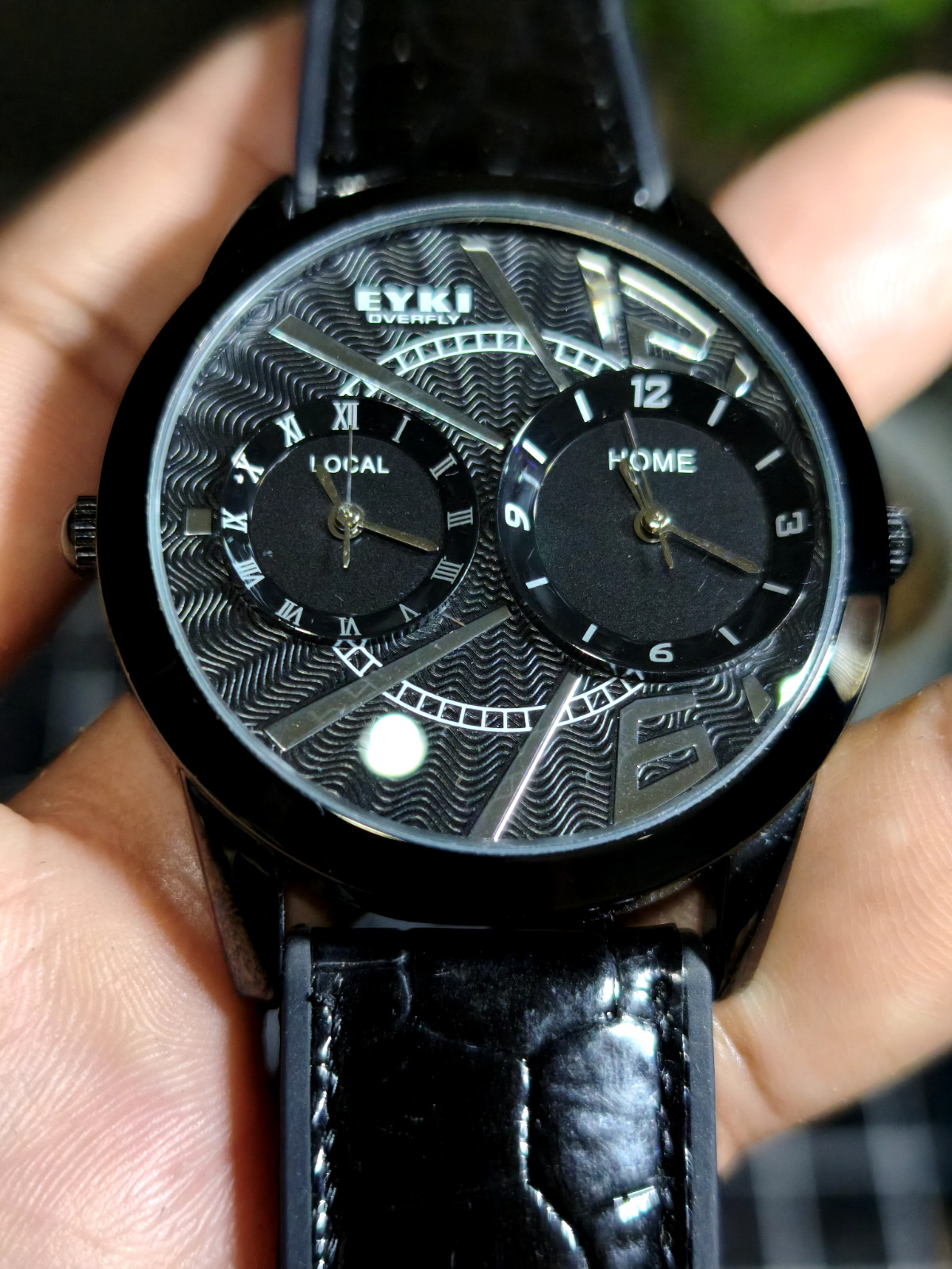 EYKI Overfly Men’s Dual Time Watch All Black Case Wave Dial Quartz