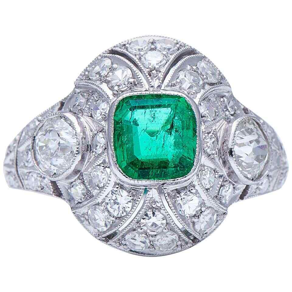Antique Art Nouveau Pure 935 Silver Colombian Emerald and White CZ Cluster Ring