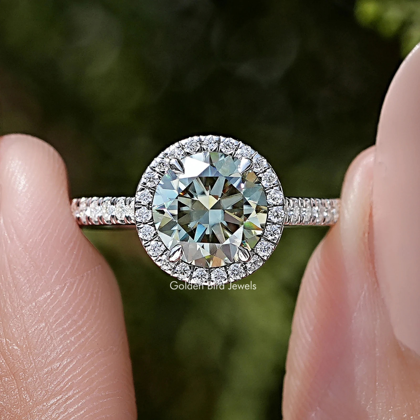 Blue Green Round Cut Moissanite Halo Ring