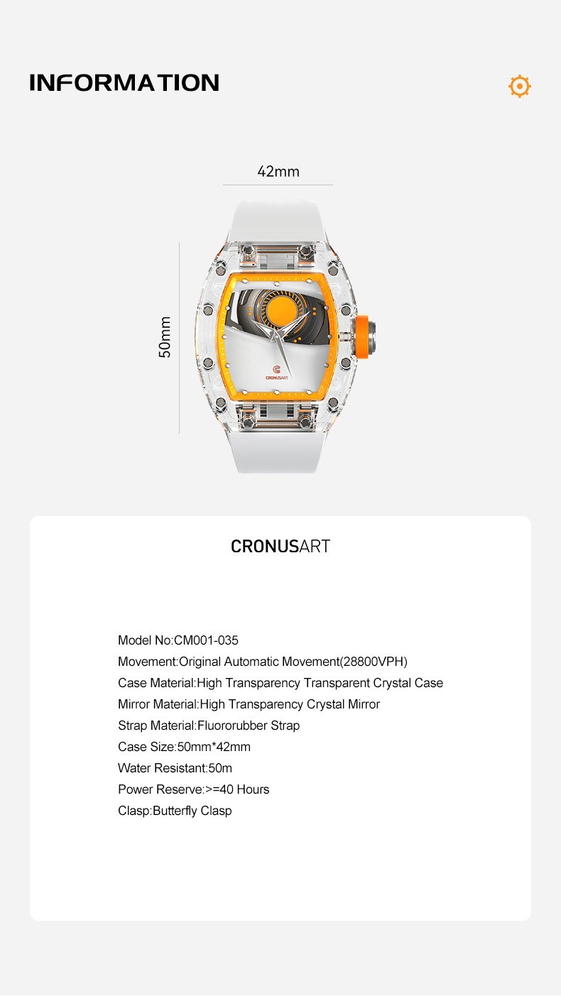 CRONUSART Men Automatic Watch Mechanical Wristwatch Acrylic Case Mars Eye Dial