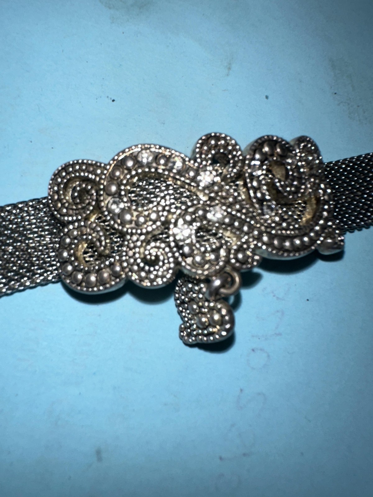 Vintage Silvertone Mesh Crystal Charm Bracelet Filigree Heart Womens Jewelry 7.5