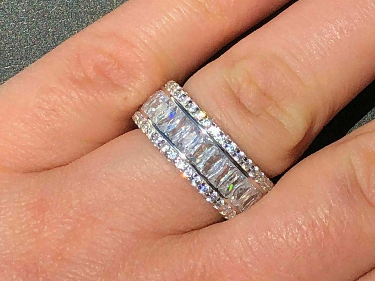 Anillo De PLATA 925 Maciza Con Diamantes Baguette Simulados Bañado en Oro 14K