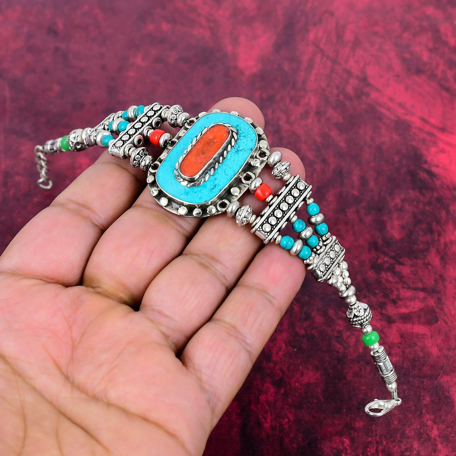 Turquoise, Coral Gemstone Handmade 925 Sterling Silver Nepali Bracelet Jewelry