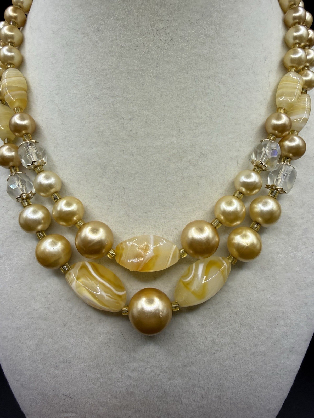 Vintage Unsigned Glass Bow Pearl Double Strand Necklace 50s Japan