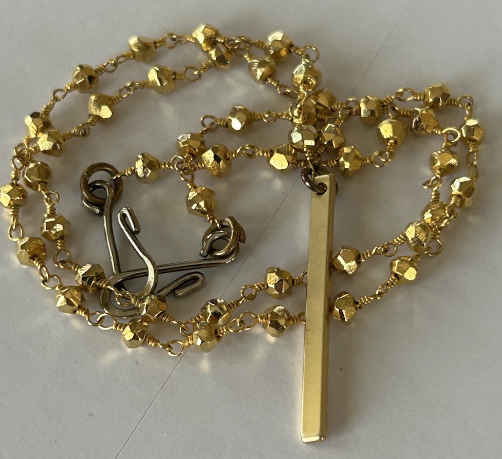 17” Gold Tone Station Faceted Bead And Chain Drop Bar Pendant Necklace