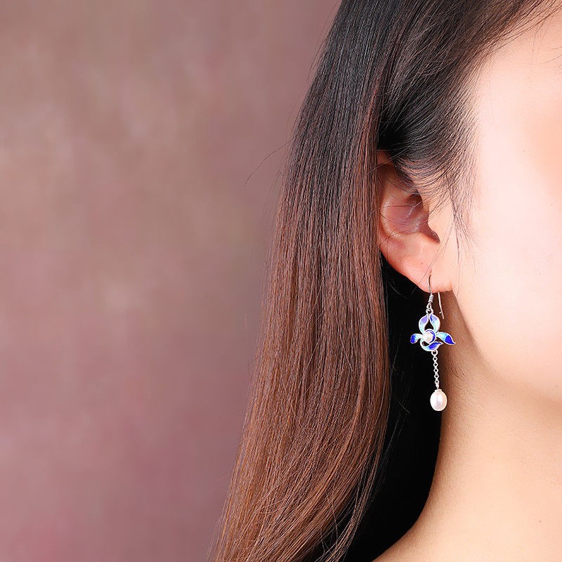 Cloisonne Orchid Earrings Faux Pearl Inlay Vintage Chinese Style Dangle Jewelry