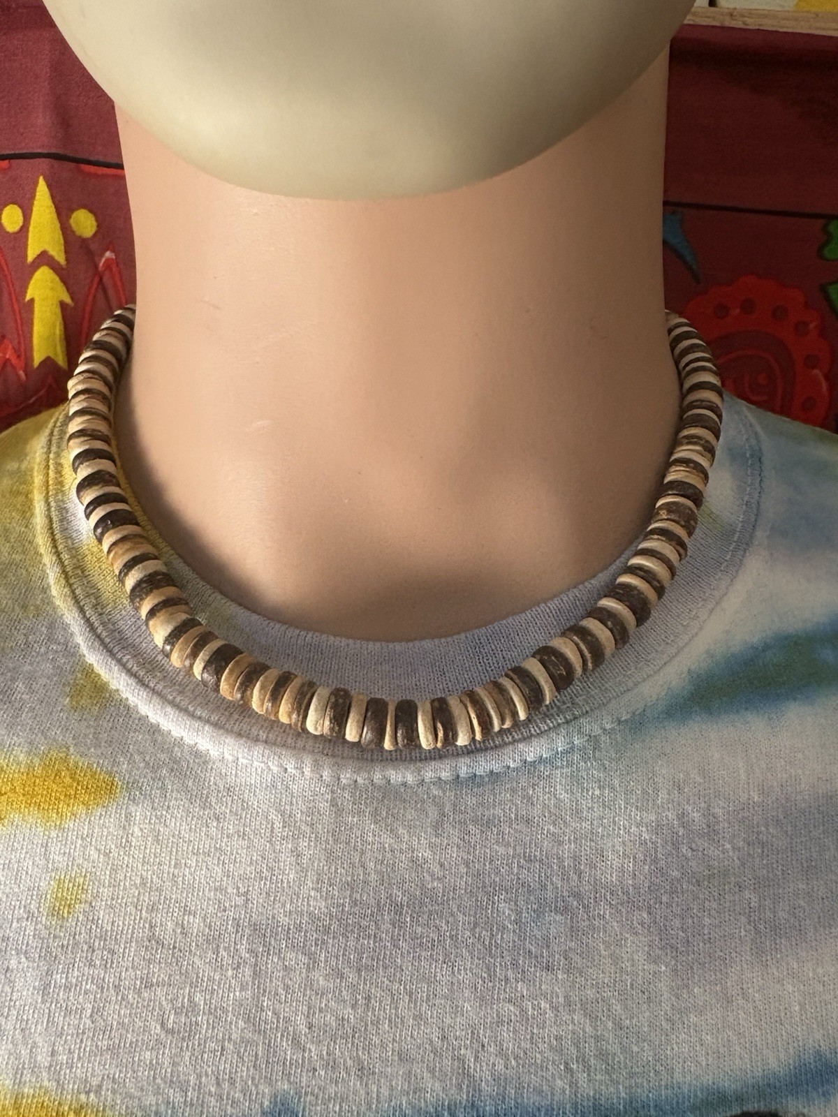 Wood Bead Choker Necklace Brown White Black Ball/Bead Chain 18 in