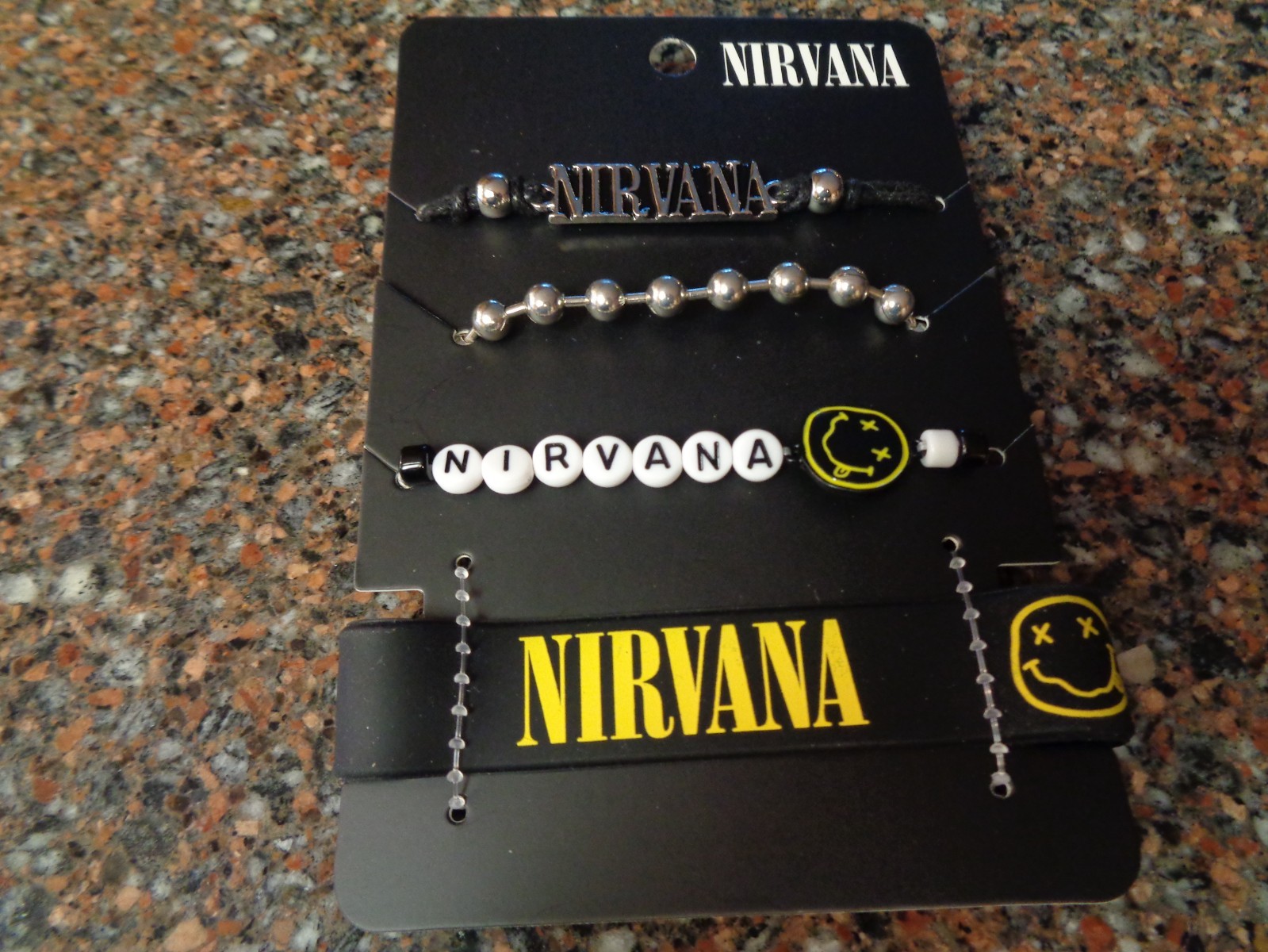 Nirvana Logo Bracelet Set 4 Bead Nameplate Smiley Face Rubber Cobain New