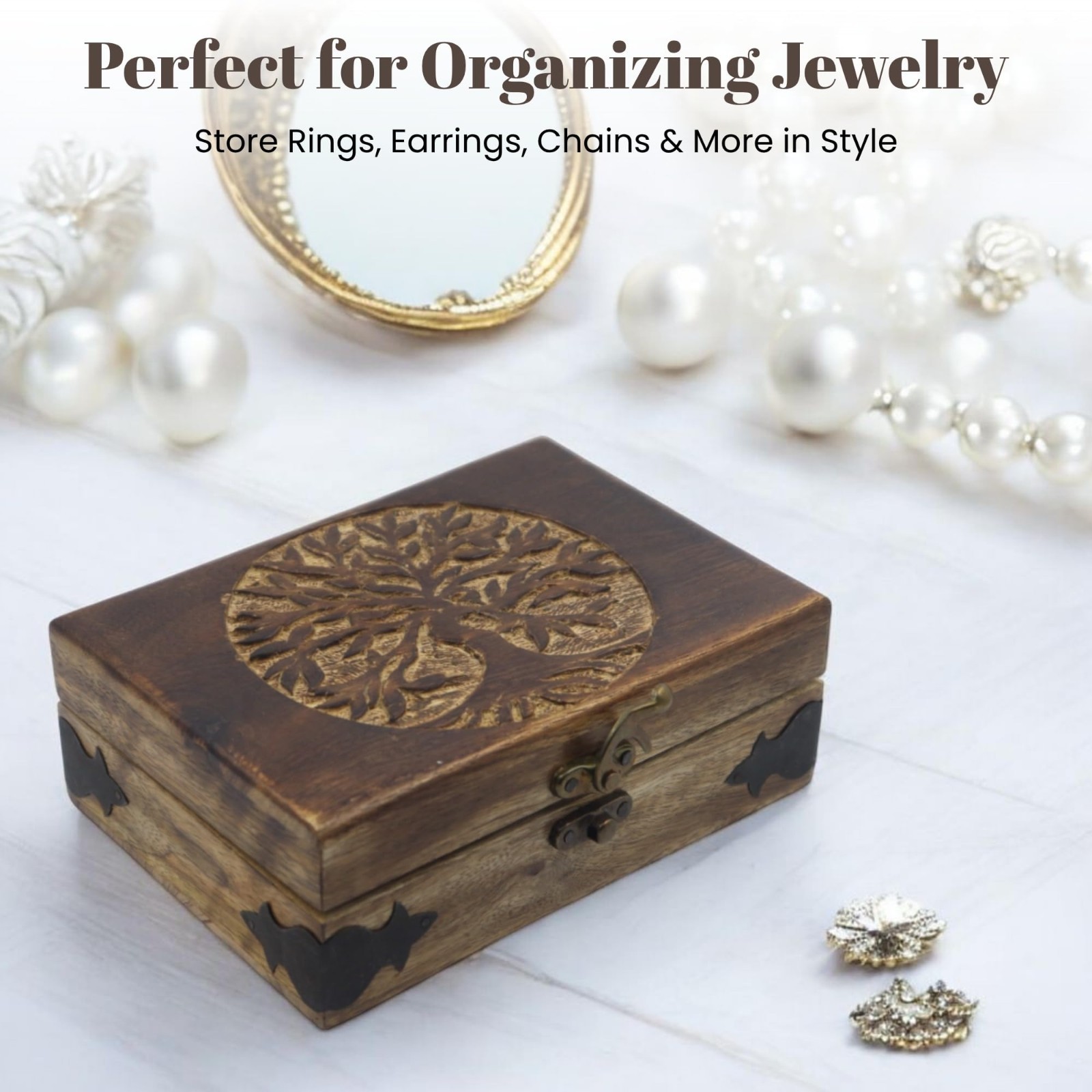 Handmade Wooden Jewelry Box – Tree of Life Engraving, Antique Keepsake Organizer