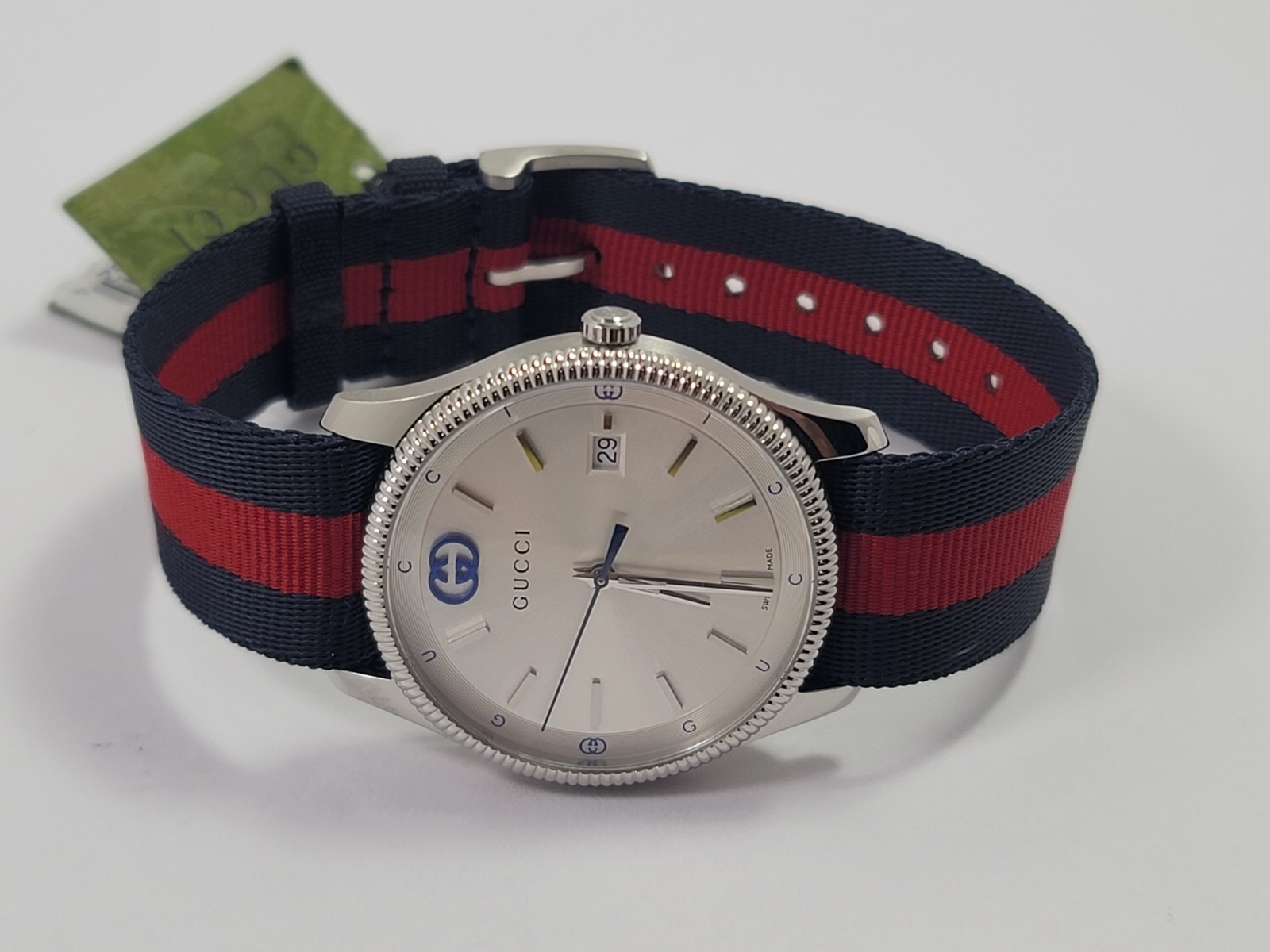 Gucci G-Timeless SWISS Quartz Silver Dial Blue Red Nylon Strap Watch YA1264237