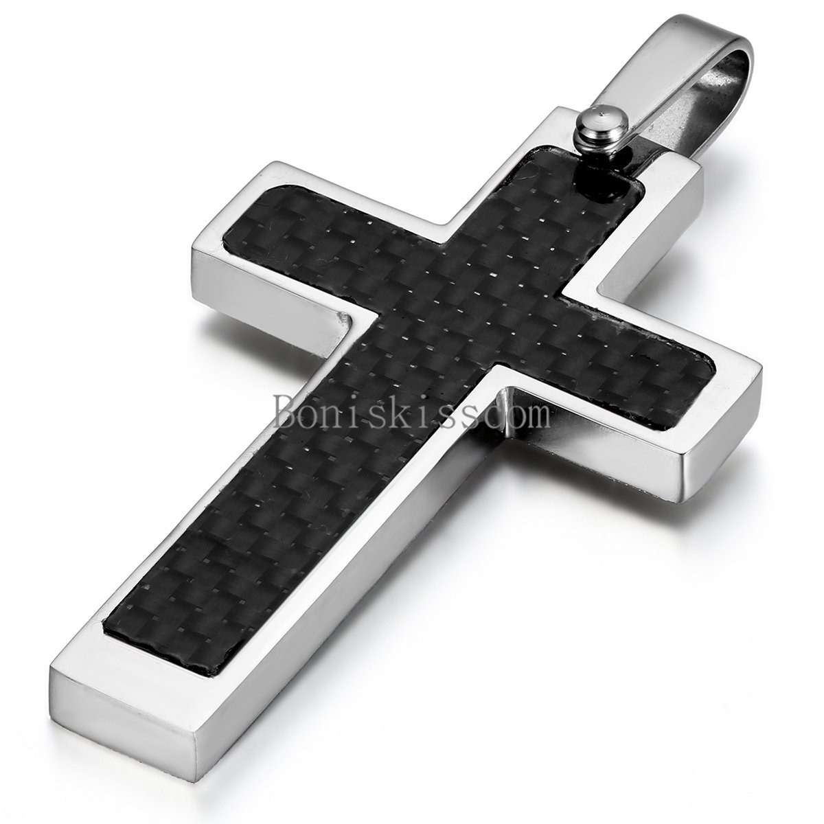 Men’s Silver Stainless Steel Black Carbon Fiber Cross Pendant Necklace 22″ Chain