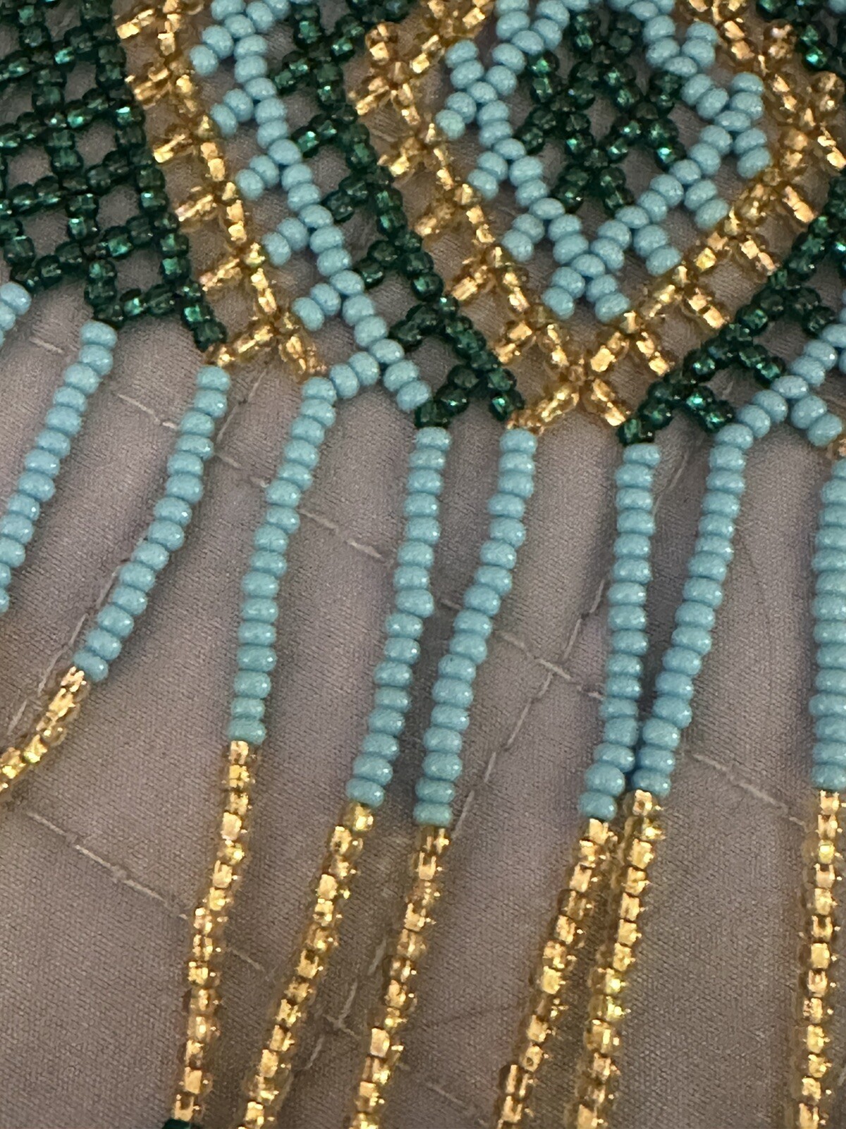Vintage Bib Blue Green Gold Seed Bead Huichol Fringe Necklace See Desc