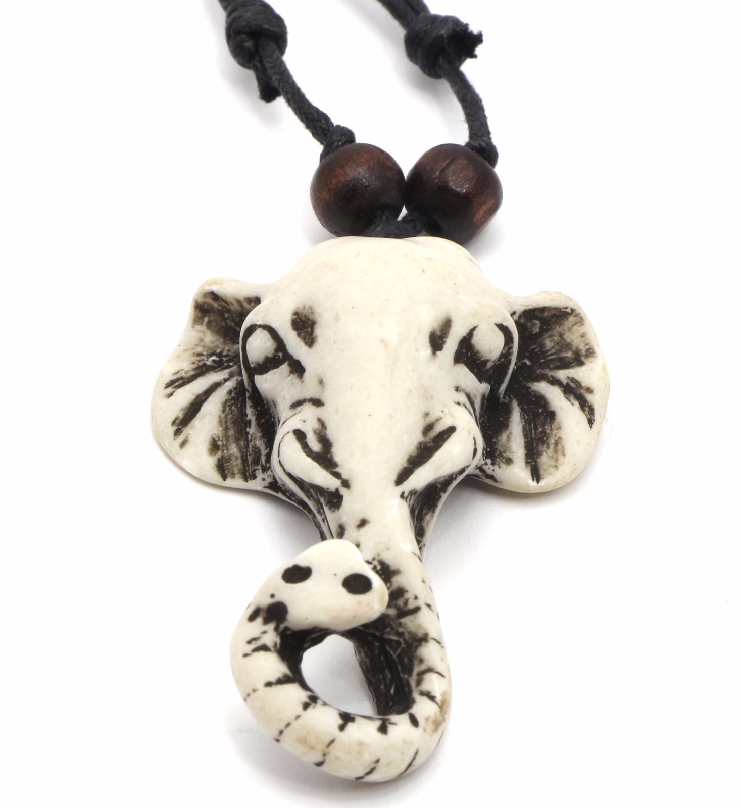 Adjustable Necklace with White Elephant Head Tribal Wood-look Pendant