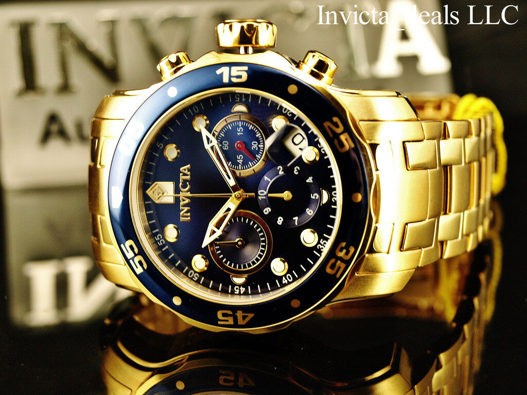 Invicta Men’s 48mm Pro Diver SCUBA Chronograph Blue Dial 18K Gold Plated SS Watc