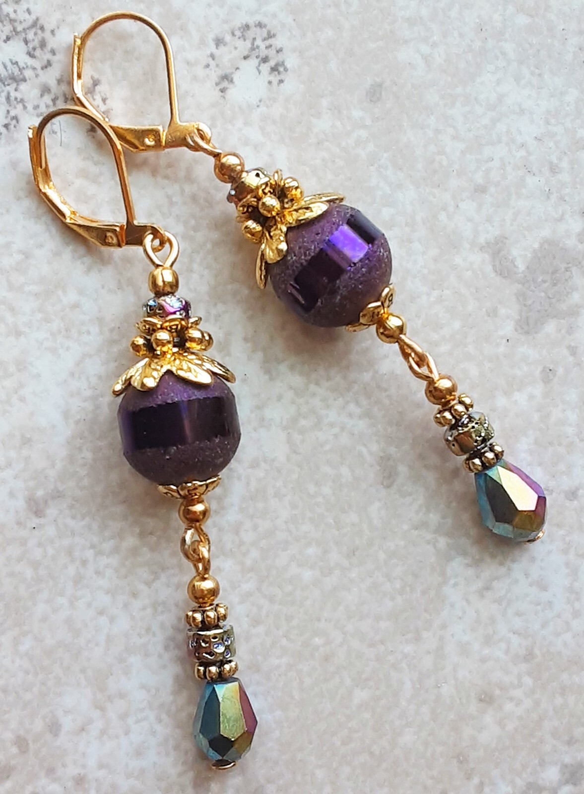 PURPLE FROSTED CRYSTAL Rainbow teardrop earring GP LEVERBACK handcrafted XCBA