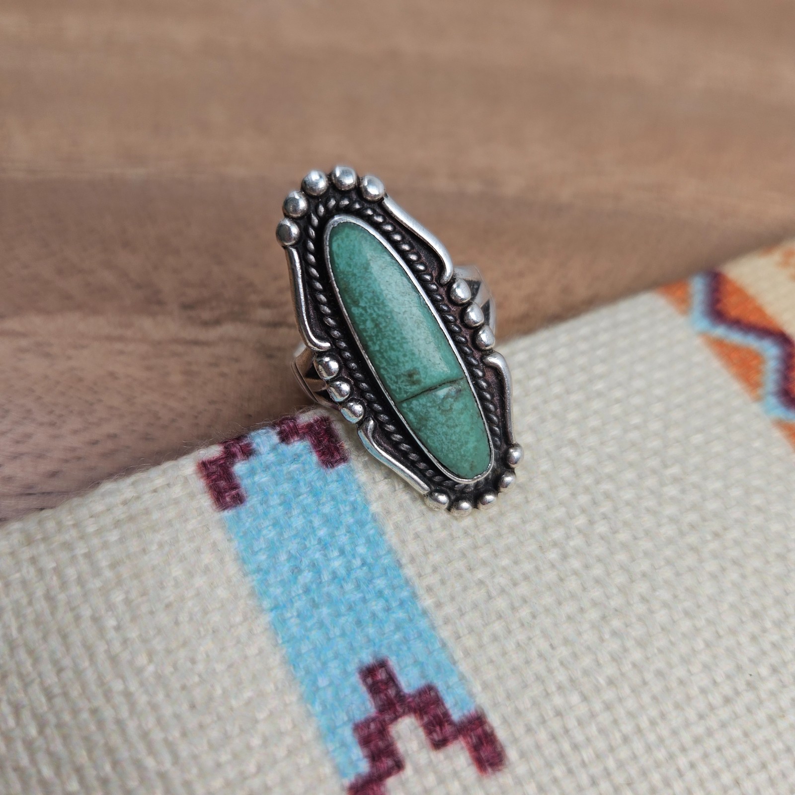 Bell Trading Post Navajo Sterling Silver Variscite Bead Twist Ring Size 7.5 Band