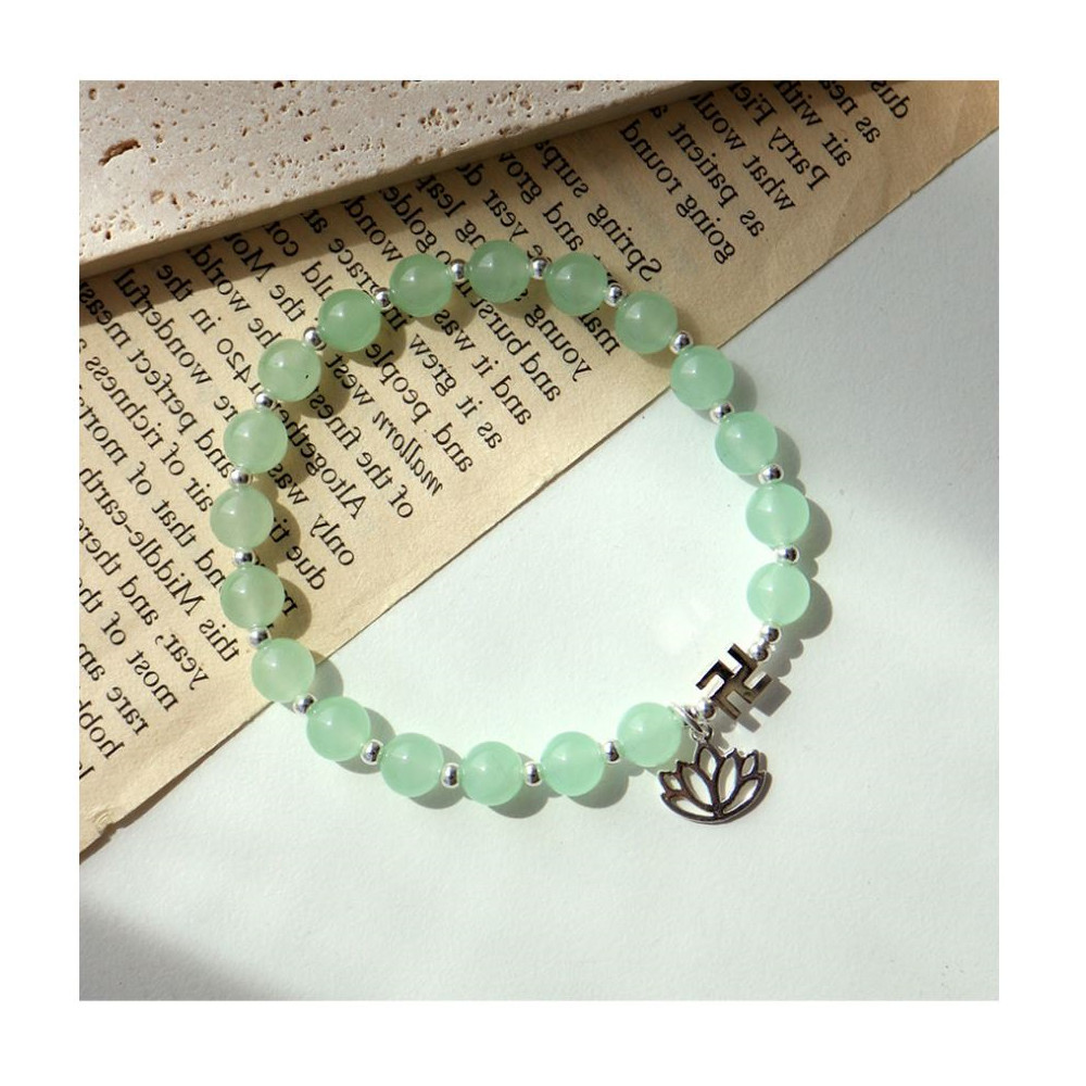 Natural White Jade Bracelet 6mm Mint Lotus Manji 925 Silver Zen Meditation Beads