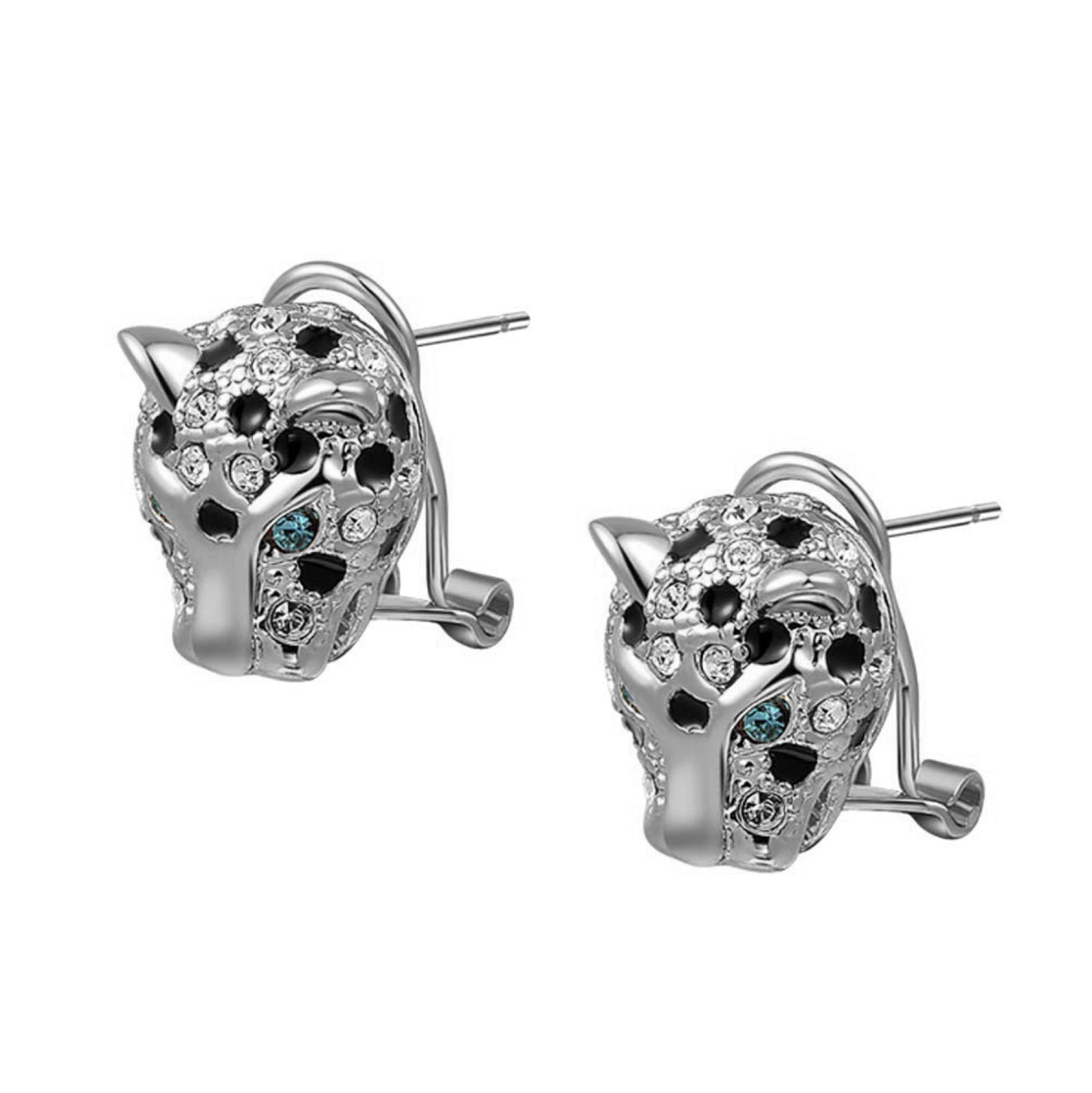 Animal Leopard Panther Jaguar Clear and Black Cubic Zirconia Leverback Earrings