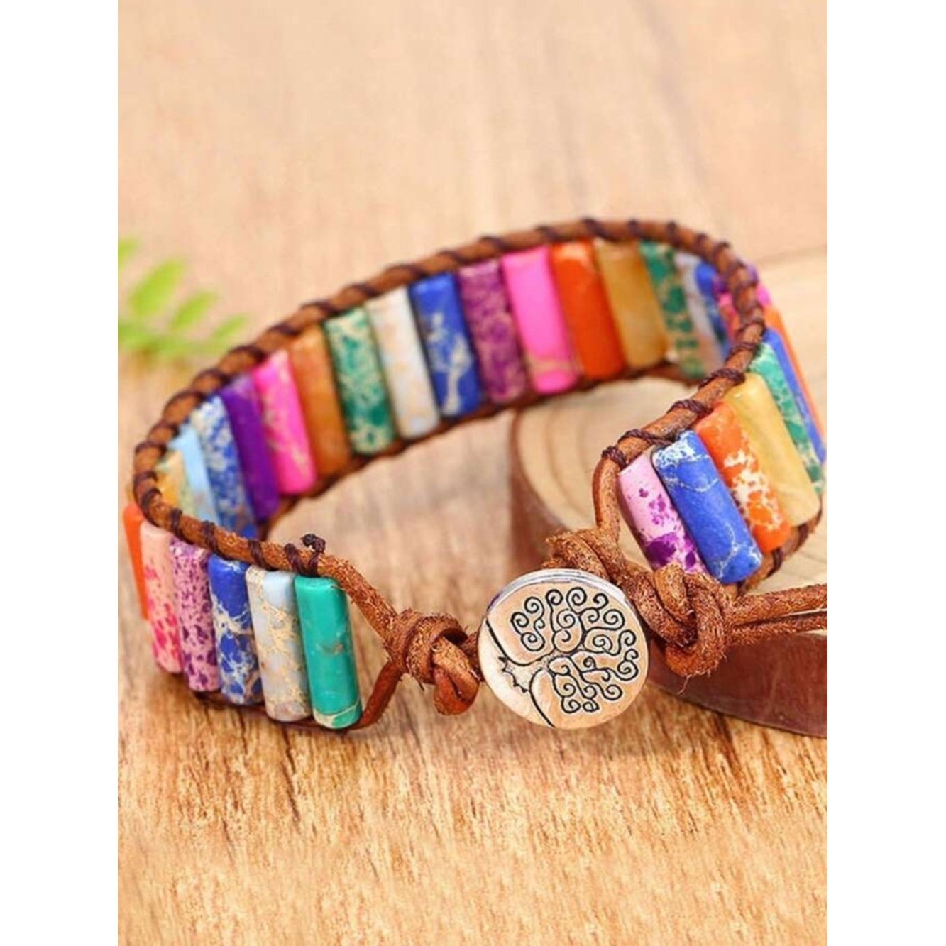 Bohemian cylindrical multicolor Stone Beaded Braided Pu Leather Bracelet