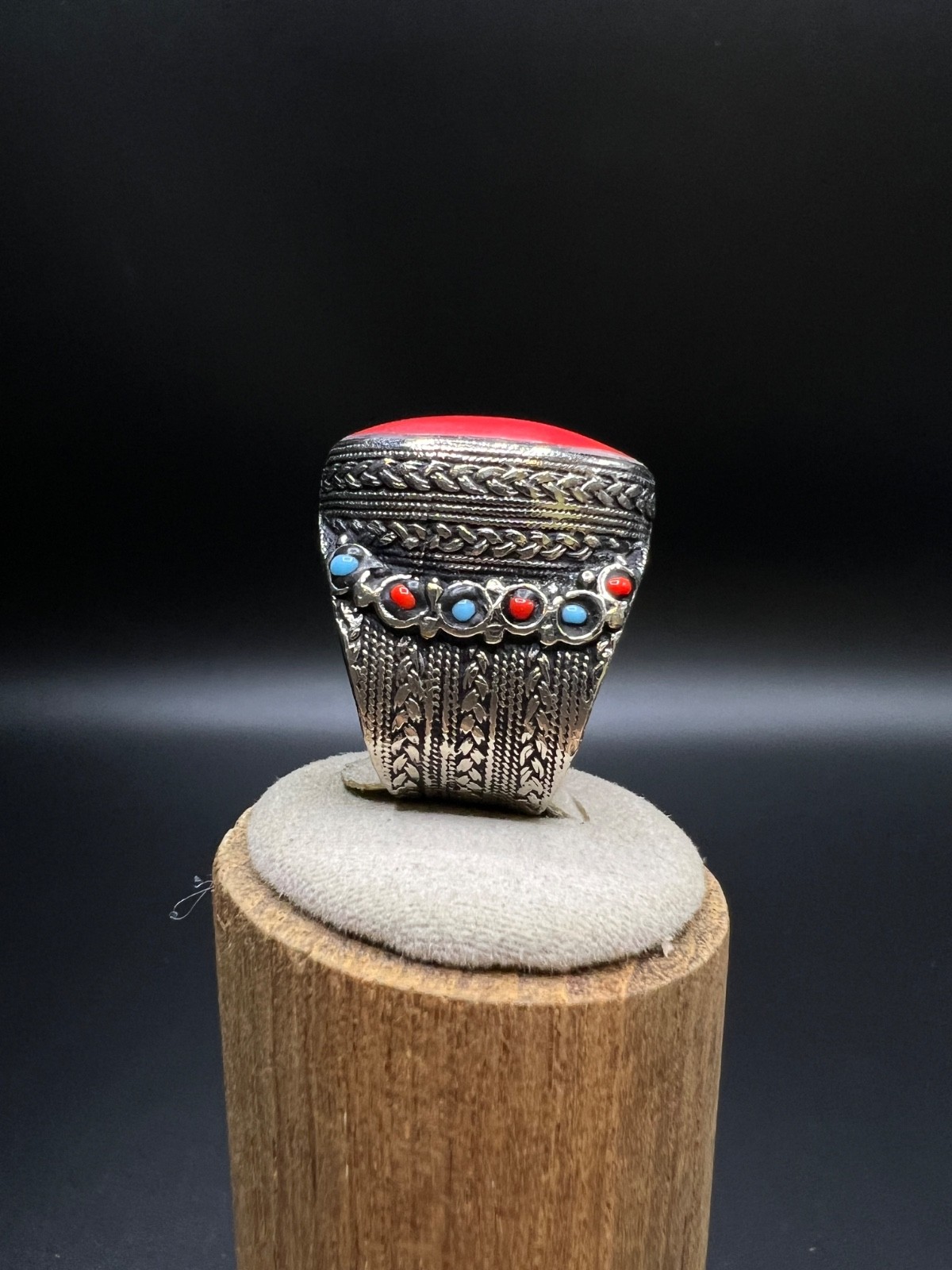 Vintage Red Coral Statement Ring, Large Oval Cabochon Ring, Tibetan Tribal Boho