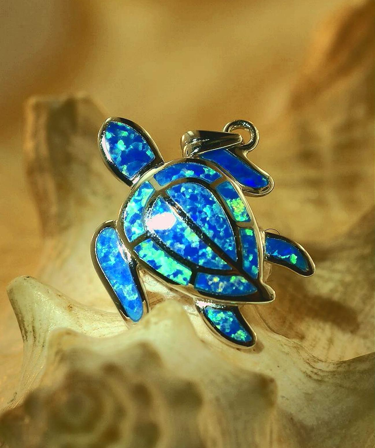 21.5mm Large Rhodium 925 Silver Blue Lab Opal Hawaiian Petroglyph Turtle Pendant
