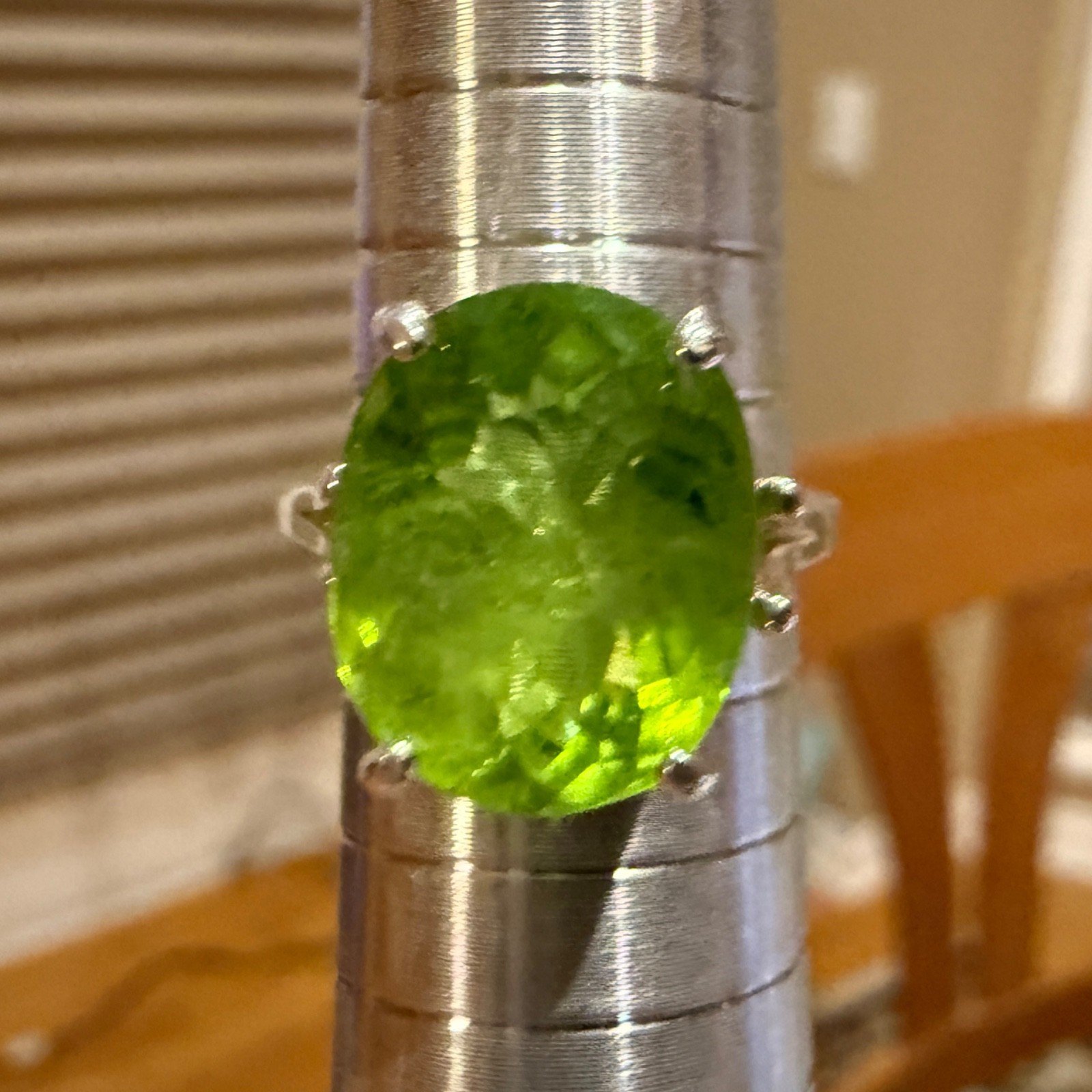 Large 6.96 Ct Oval Peridot Ring, Size 6 3/4 (Resizeable) in 925 Sterling Silver