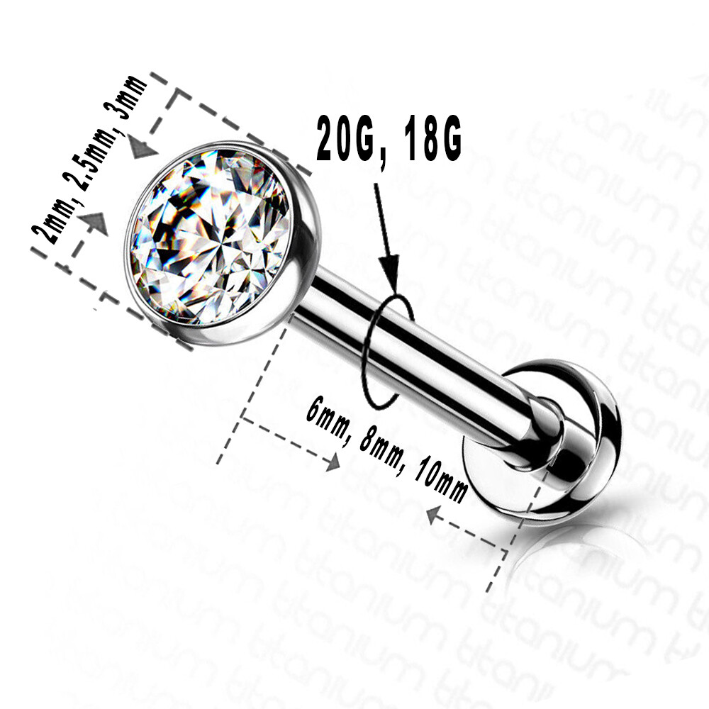 20G 18G Threadless Push in Labret Flat Back Studs Implant Grade Titanium CZ Gems