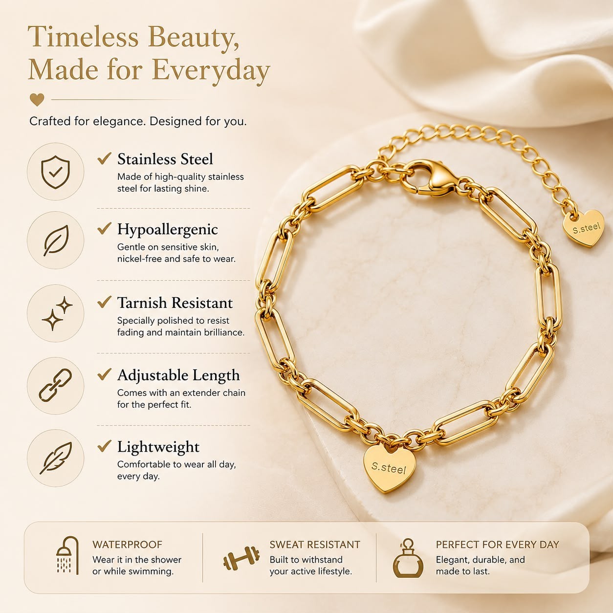 Gold Paperclip Bracelet for Women, Stainless Steel Adjustable Chain, Minimalist