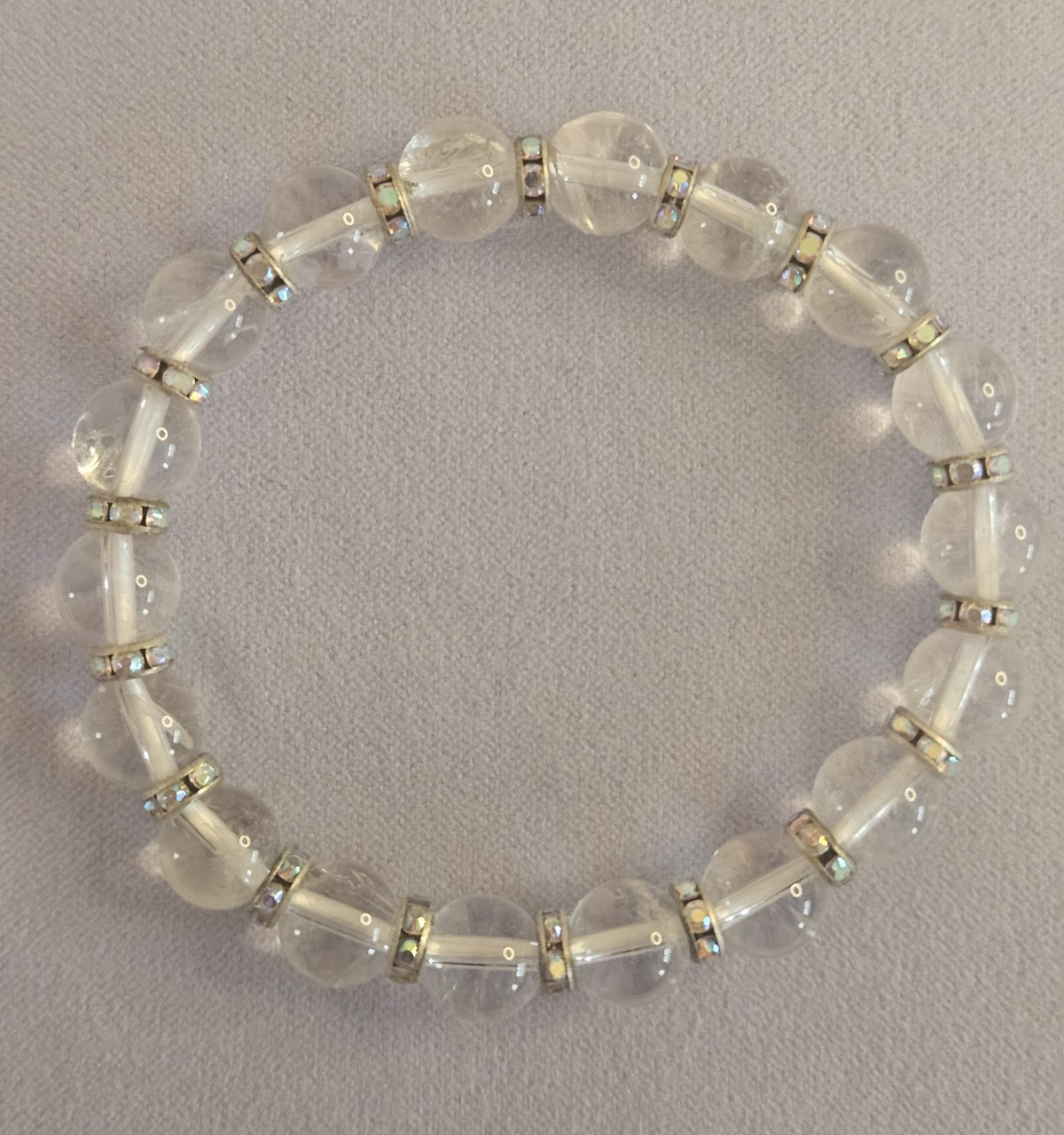 Crystal Clear Quartz Round Beaded Stretch Bracelet w Silvery Rhinestone Spacers