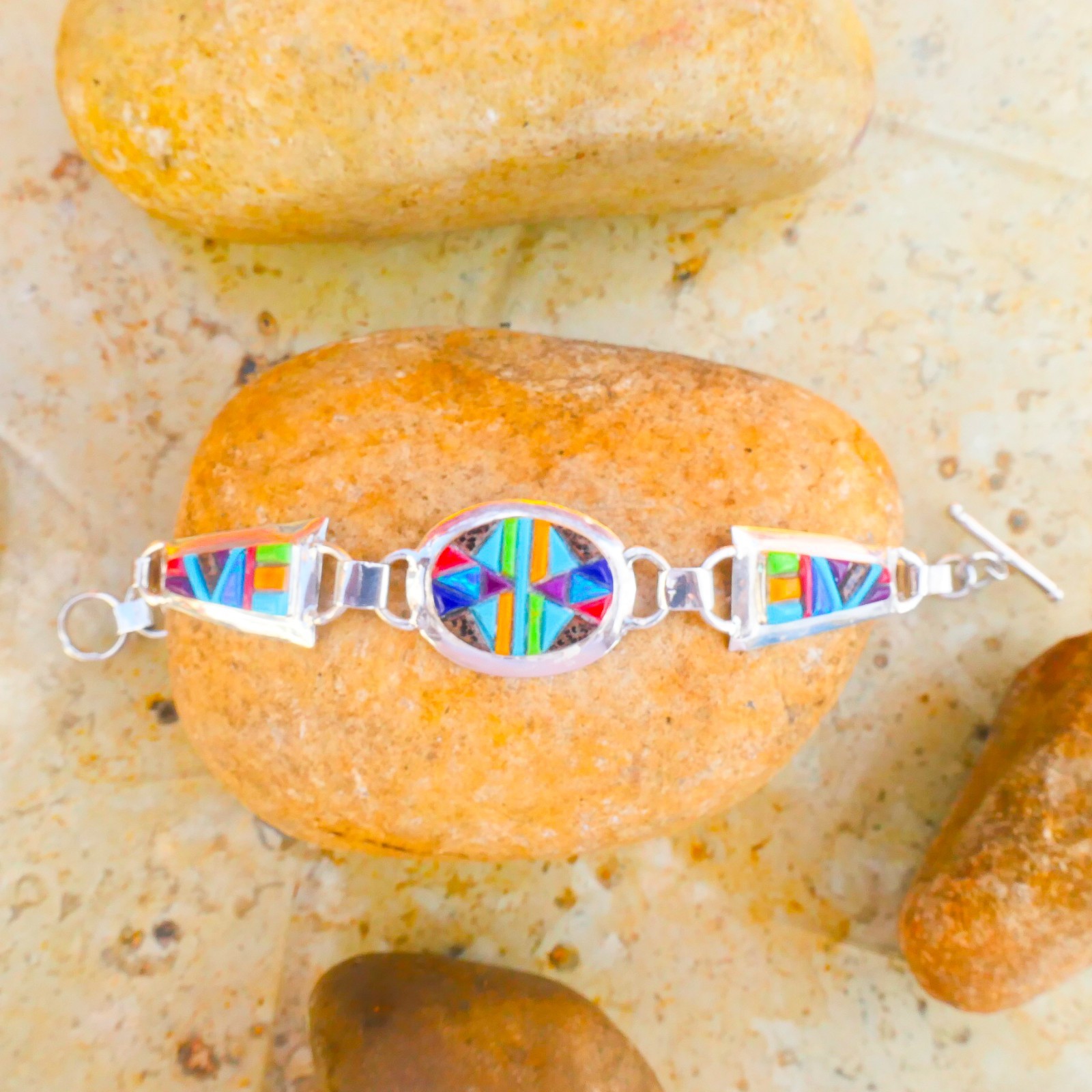Native Sterling Silver Multi-Gemstone Inlay Cobblestone Toggle Bracelet 17.55g