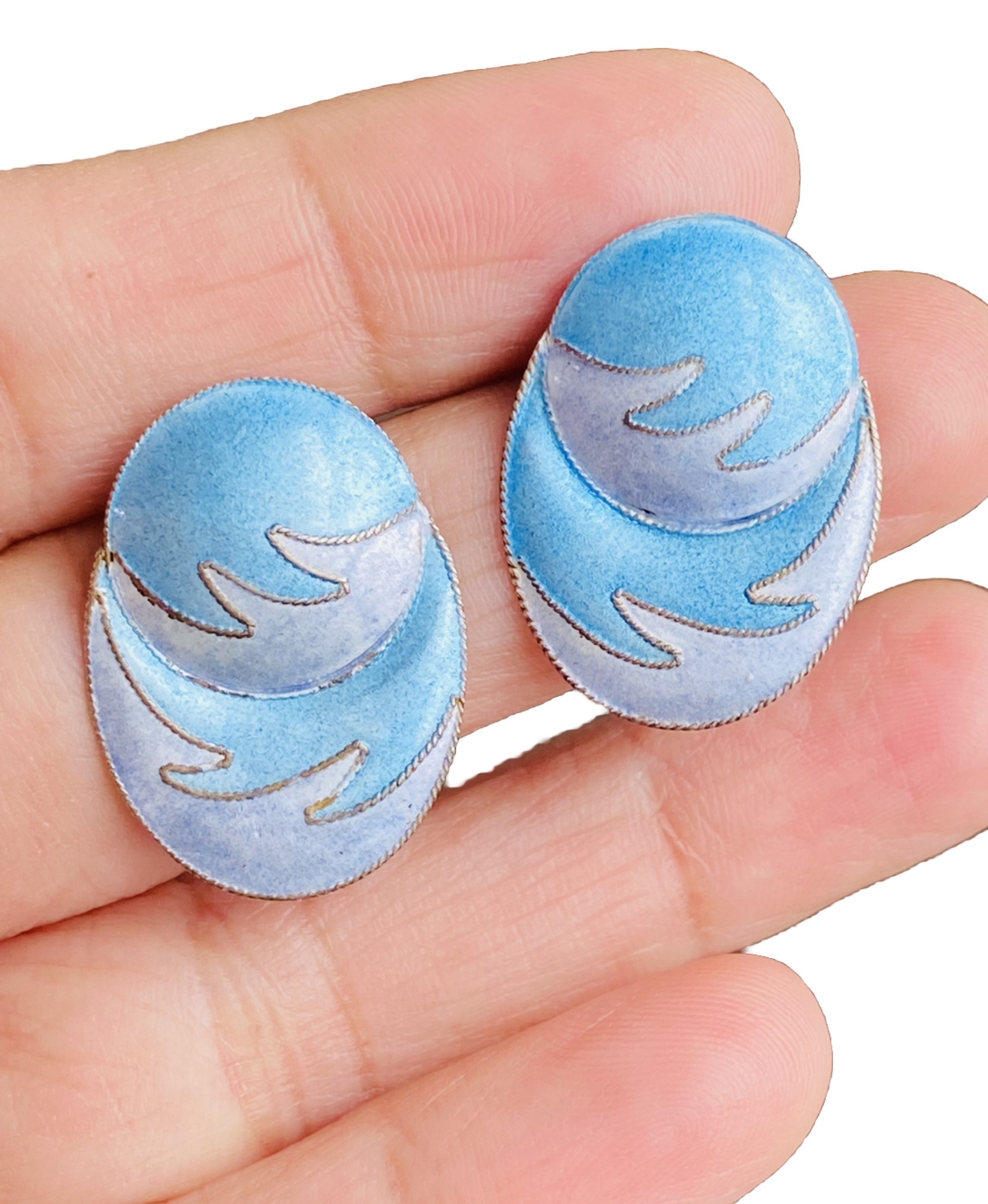 Vintage Chinese Export Gilt Sterling Silver Enamel Blue Waves Oval Earrings