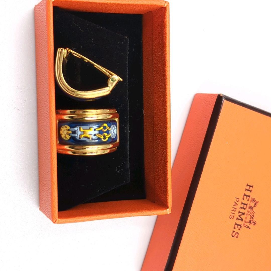 HERMES H Logo Clip On Earrings Enamel Gold Navy Vintage France Box Included Used