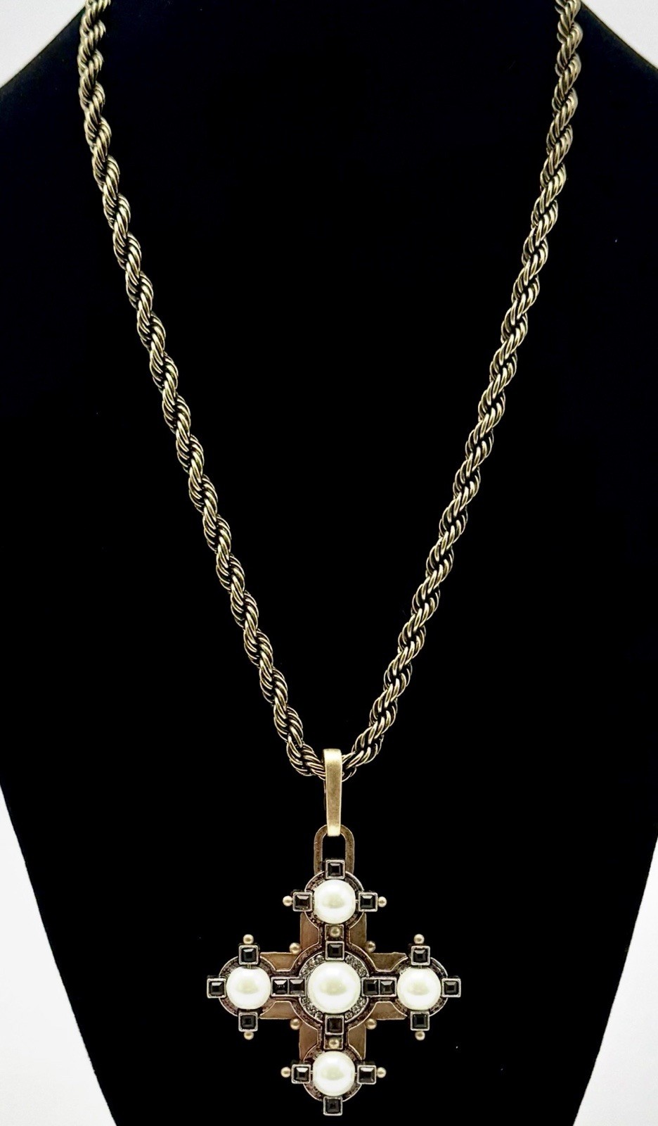Cabi Tudor Maltese Cross Pendant Necklace Faux Pearl Black Crystal Rope Chain