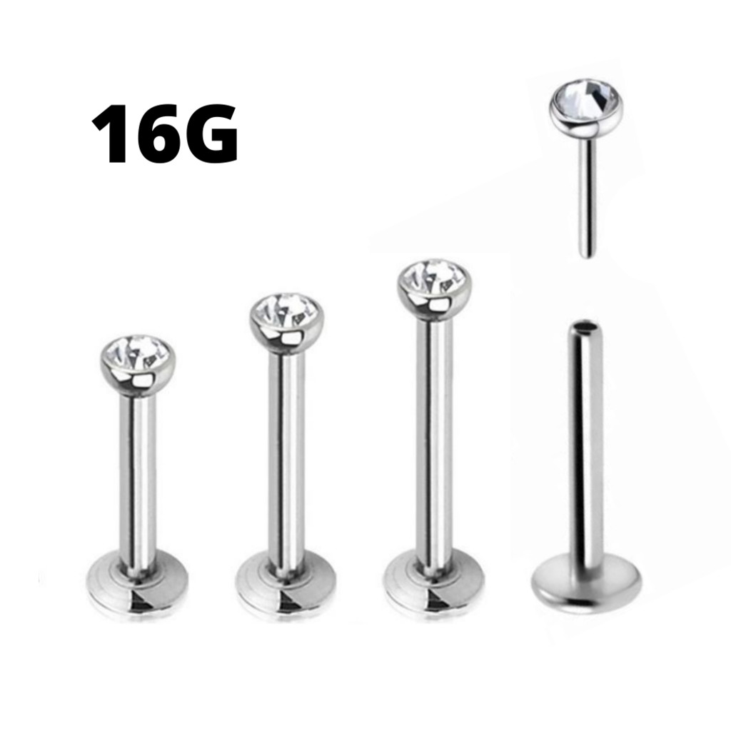 16G 2mm 3mm CLEAR CZ THREADLESS PUSH IN PIN STEEL LABRET EAR TRAGUS RING STUD 99