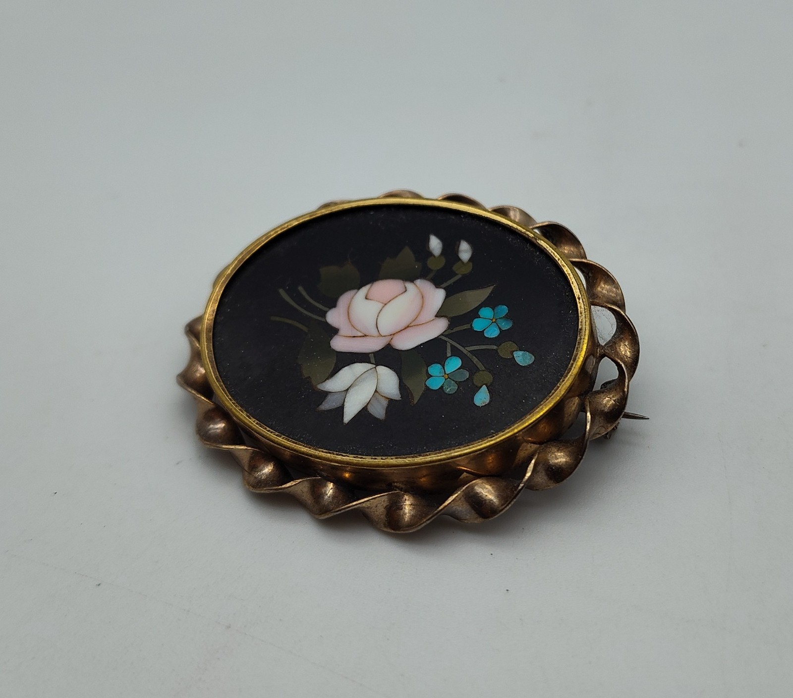 Antique Flower Pietra Dura Stone Black Pink Blue Green Gold Tone Brooch Pin