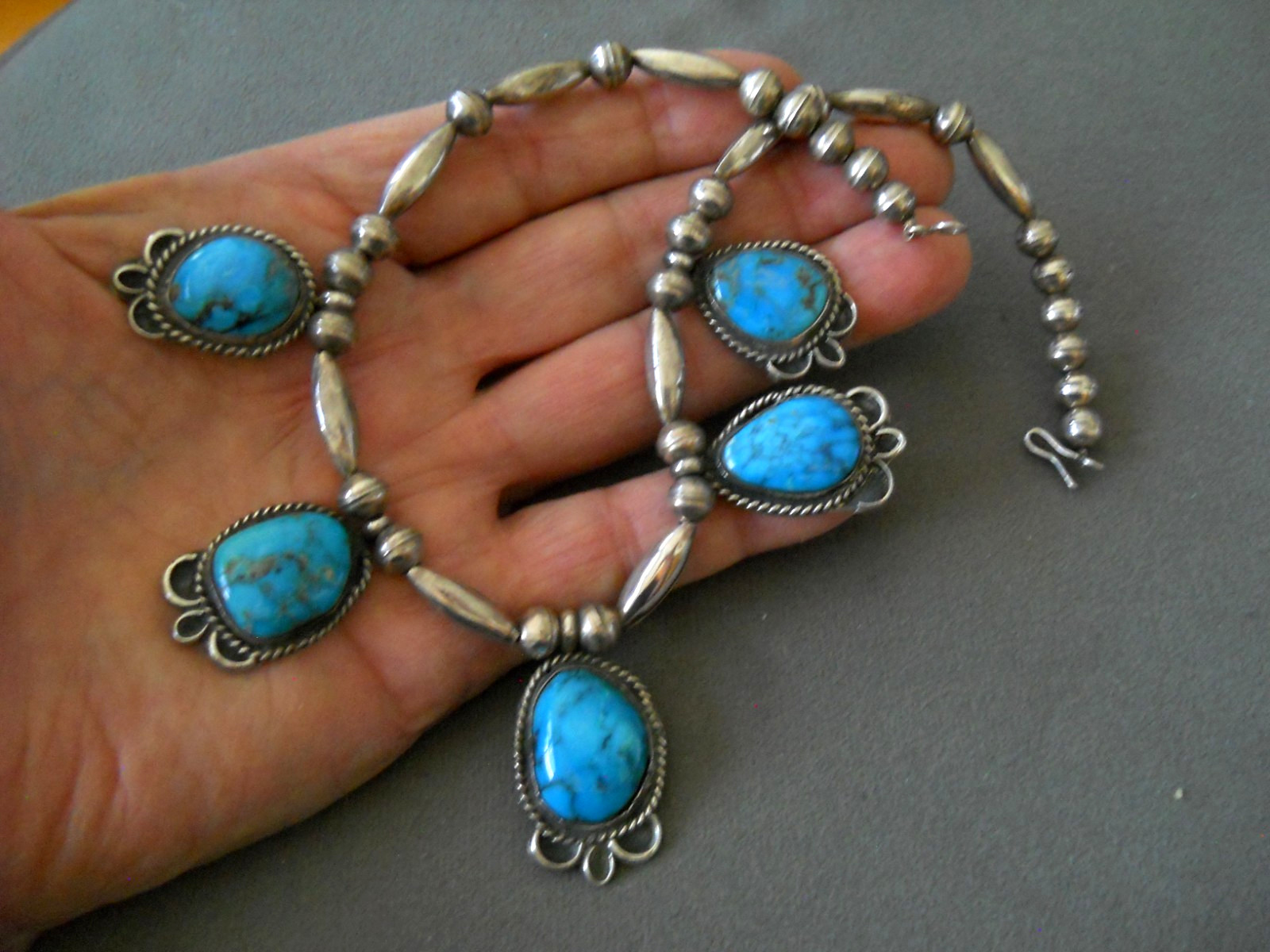 Native American Navajo Domed Rich Blue Turquoise Sterling Silver Bead Necklace