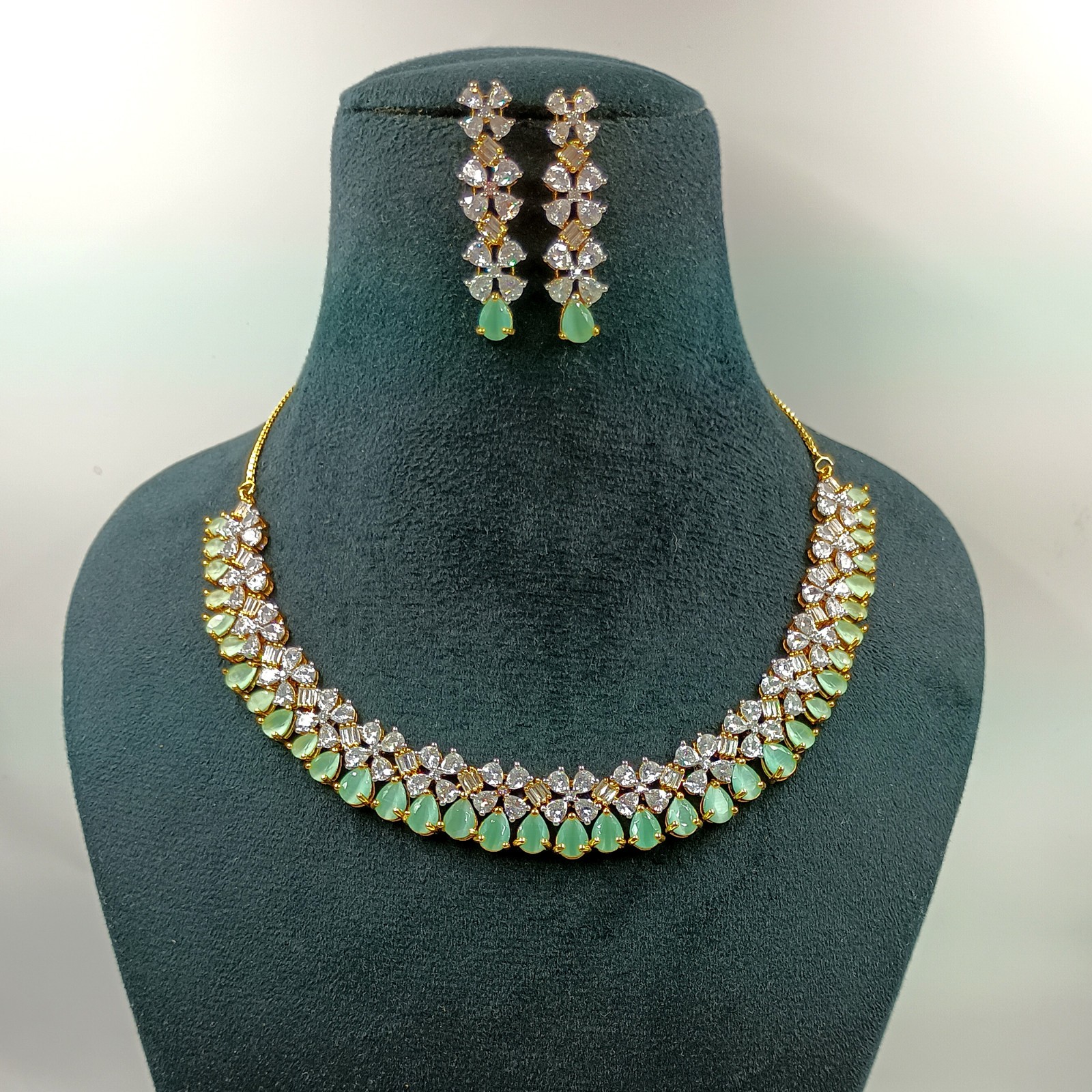 Designer Chalcedony CZ Diamond Gold Plated Necklace Set Bridal Jewelry For Women