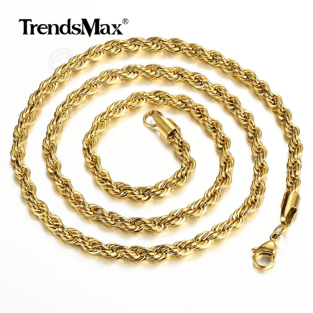 3-7MM Gold Plated Stainless Steel Diamond Cut Twisted Rope Chain Necklace 16-32″