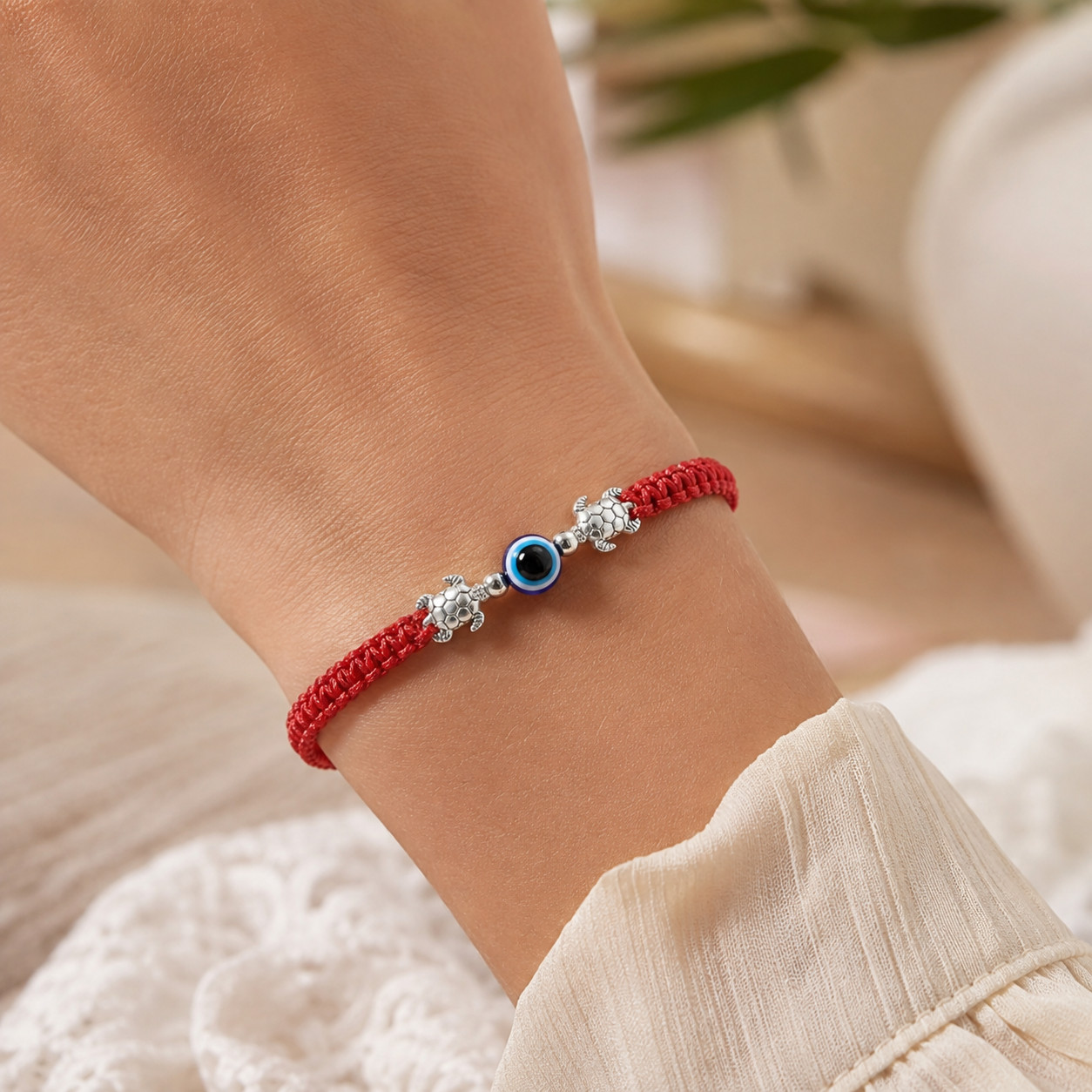 2-Pack Red String Evil Eye Turtle Charm Adjustable Bracelets for Women