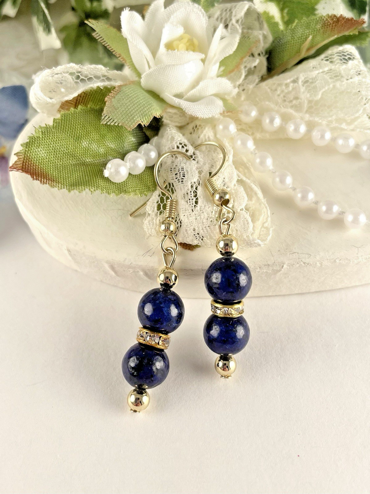 Rhinestone Blue Lapis Earrings Dangle Drop 14k Gold Plated Casual Work Handmade