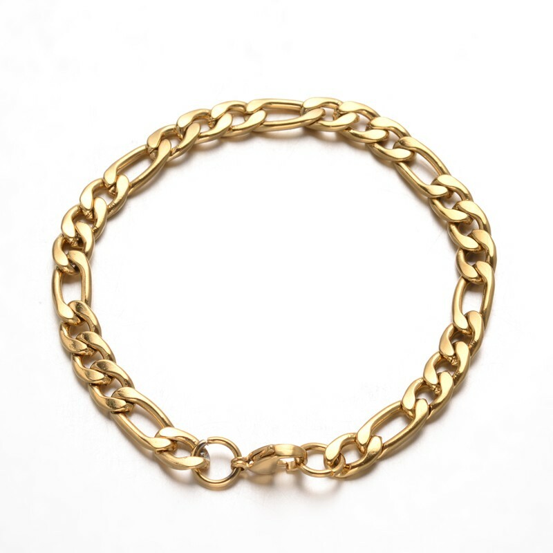 Stainless Steel Figaro Link Chain Bracelet Lobster Gold 8″ 205mm Z219