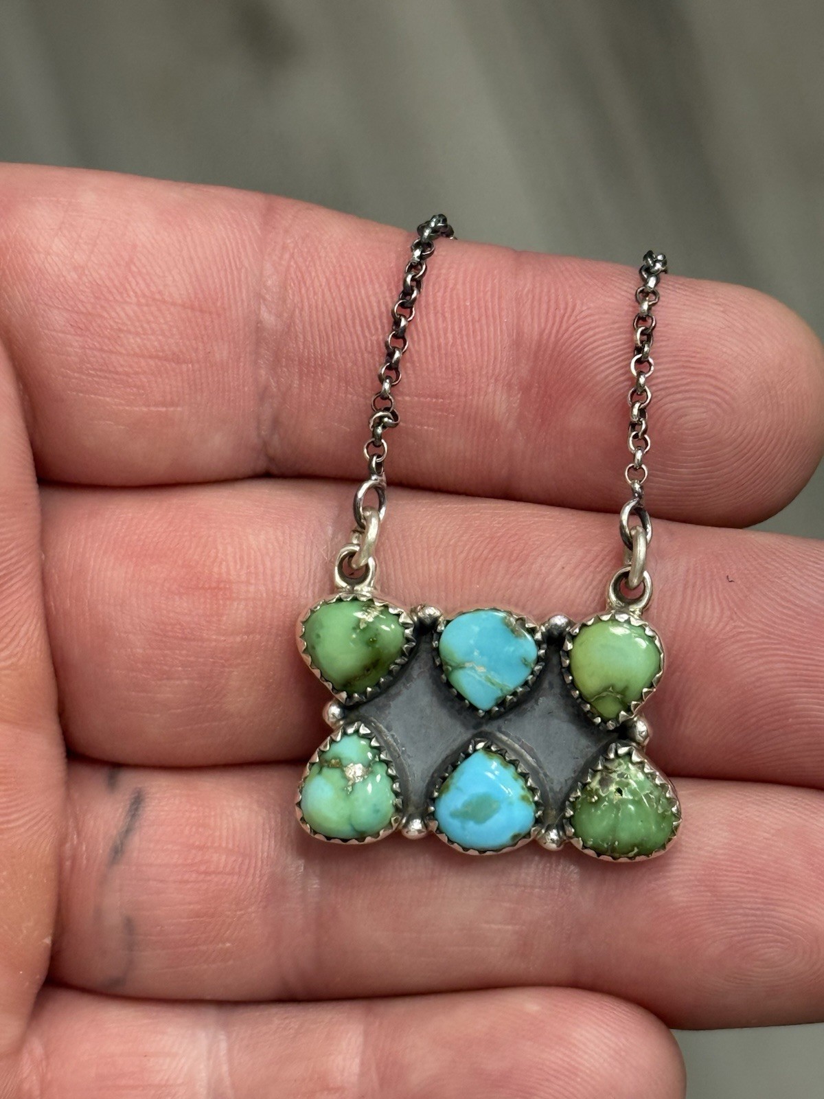 STERLING SILVER SONORAN GOLD TURQUOISE 2 ROW 6 STONE CLUSTER BAR NECKLACE .925
