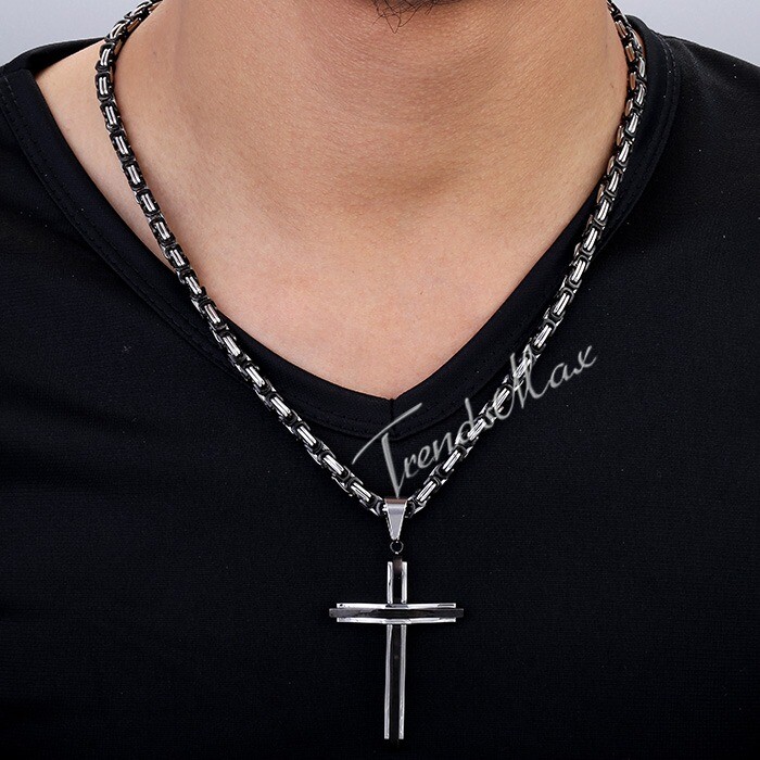 18-30″ Men Boys Black Stainless Steel Cross Pendant Necklace Byzantine Box Chain