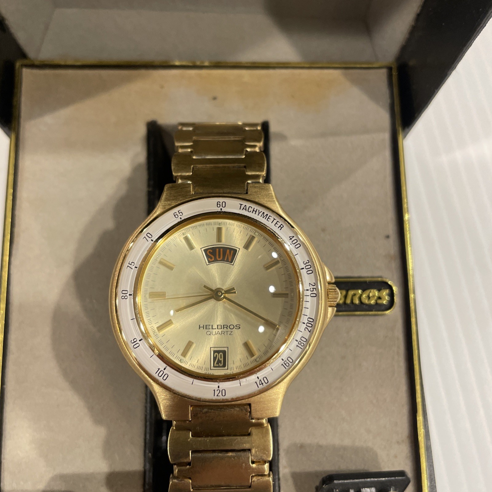 Vintage New Old Stock Helbros Tachymeter Men’s Wristwatch New W Box Papers